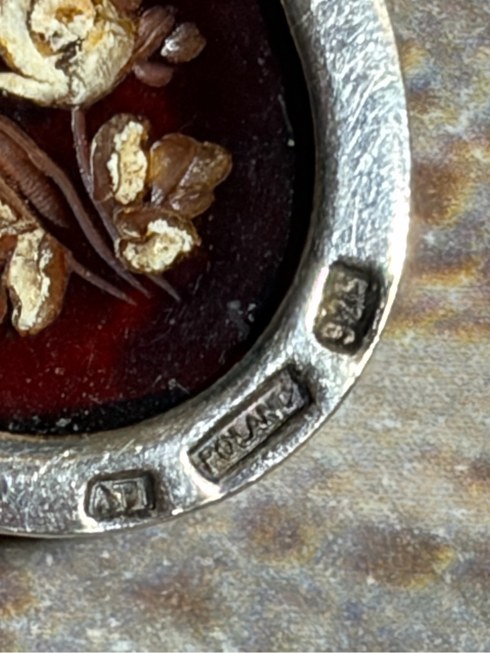 VintagePoland Sterling Silver Oval Amber? Possibly?Cabochon With Flowers Pendant - Picture 3 of 11